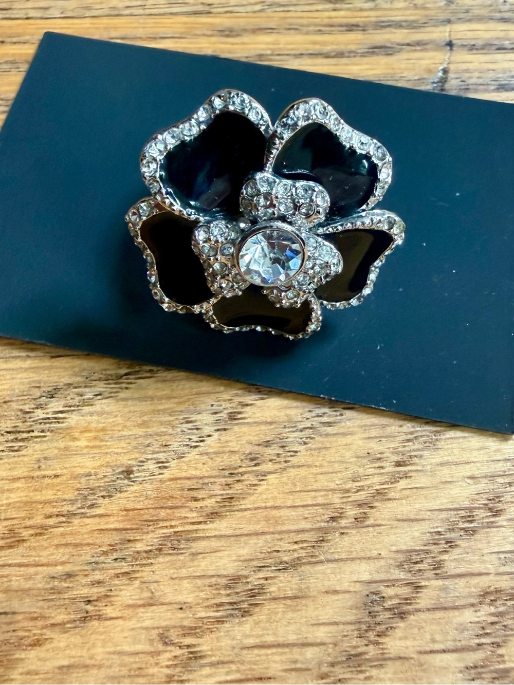 Lia Sophia Black Enamel Crystal Flower Statement Ring Size 8